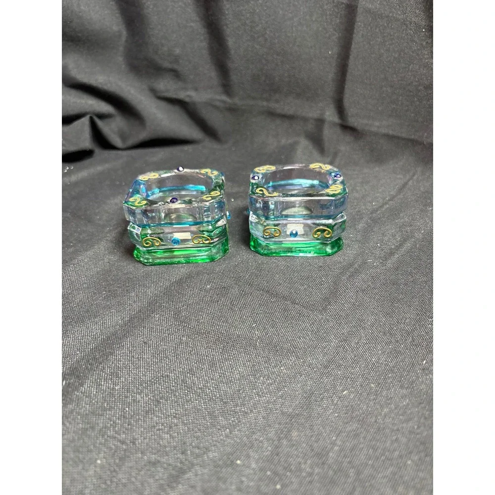 PartyLite Vintage Green Blue Glass Votive Candle Holders Gold Scroll Set of 2 - Picture 2 of 3